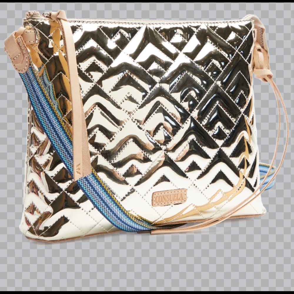 Consuela Metallic Gold Quilted Crossbody with Blue Stripe Strap
